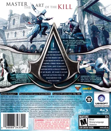 Assassin's Creed (USA) (En,Fr,De,Es,It) (v1.10) (Disc) (Update) box cover back